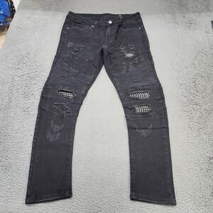 Rue21 Jeans Mens 33x29 Black Charcoal Wash Skinny Biker Denim Distressed Moto